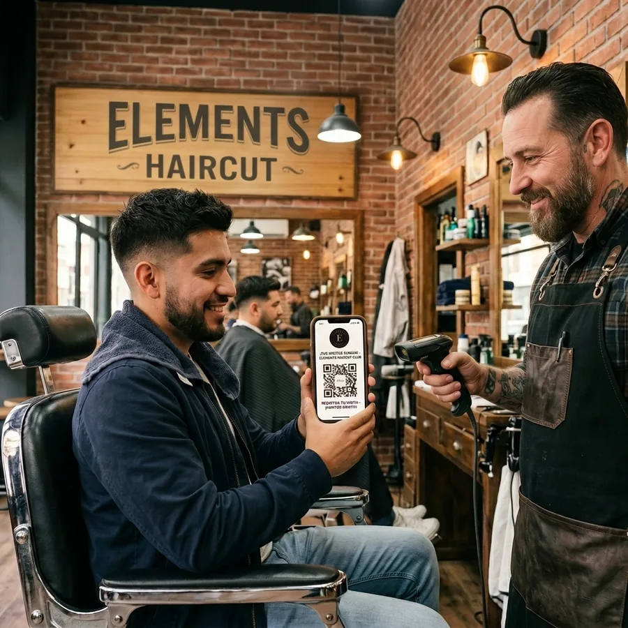 Cliente escaneando su tarjeta digital Muuch en una barbería