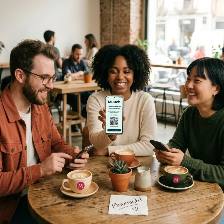 Clientes en una cafetería mostrando su código de registro de Muuch